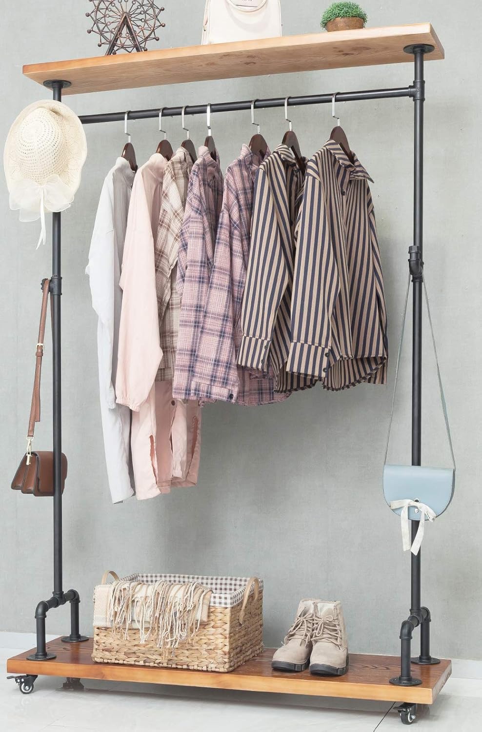 hall clothes rack on Amazon Com Bixirao Industrial Pipe Clothing Rack On Wheels Rolling Iron Garment Racks With Wood Shelves Commercial Heavy Duty Clothing Racks Steampunk Clothes Rack Retail Two Tiers Home Kitchen