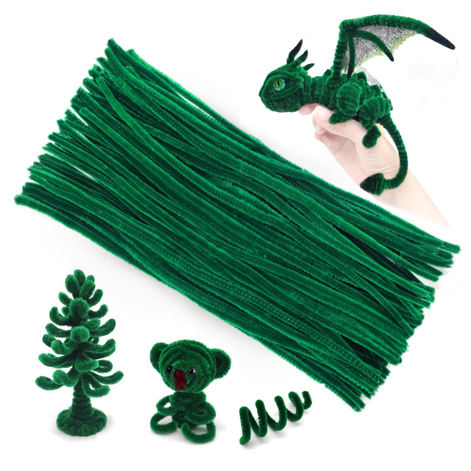 Cretty-Meet 100pcs Fluffy Pipe Cleaners Chenille Stems Pipe Cleaners Craft Supplies for Making Wreaths, Christmas Decorations, Animals, Flowers, Creative Handmade DIY Art Craft Project - Green