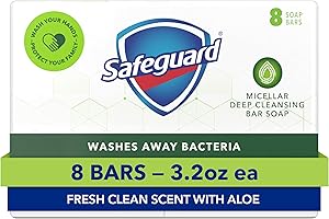 Safeguard Micellar Deep Cleansing Bath Bar Soap, Washes Away 99 Percent of Bacteria, Leaves Skin Soft, Fresh Clean Scent with Aloe, 3.2 oz (8 Count)