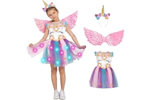 JAZGROM Girls Unicorn Dress Light Up with Headband Wings for Kids Toddlers Halloween Costume Princess Dress Up Birthday Party
