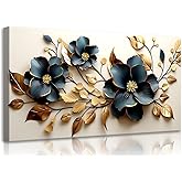 Qenundme Large Flower Canvas Wall Art for Living Room Bedroom Home Office Print Painting Gold and Dark Blue Floral Botanical Picture Modern Artwork Flower Prints 20x40In Framed