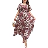 MakeMeChic Women's Plus Size Summer Floral Maxi Dresses Curvy Short Sleeve Shirred Boho Beach Wedding Long Dress