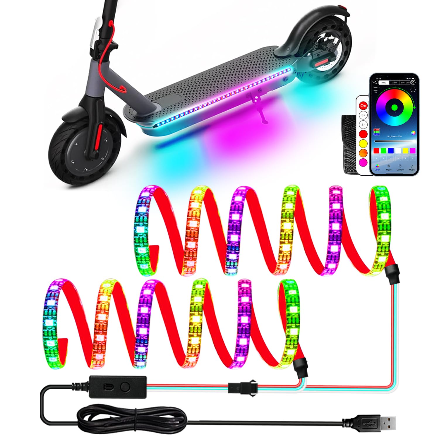 Keiurot Scooter LED Light Strips for Night Riding 5V High Bright Skateboard Lights APP Control RGBIC Waterproof Electric Scooter Accessories 2 in 1