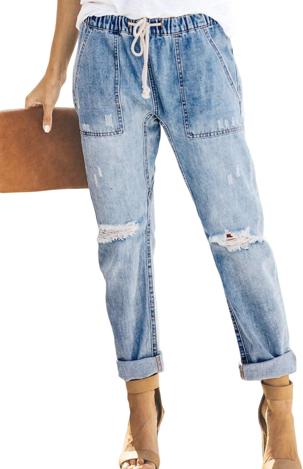 Sidefeel Women Pull-on Distressed Denim Joggers Elastic Waist Stretch Pants at  Women's Jeans store