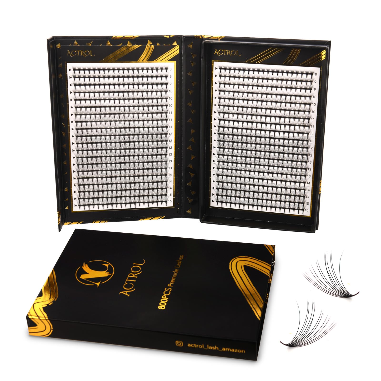 ACTROL Pre Made Fan Eyelash Extensions 14D 0.07mm C Curl 800 PCS 8-15 Mix Double Lashes Tray Narrow Russian Lashes Fan Handmade Hardcover For Lash Artists and Individuals