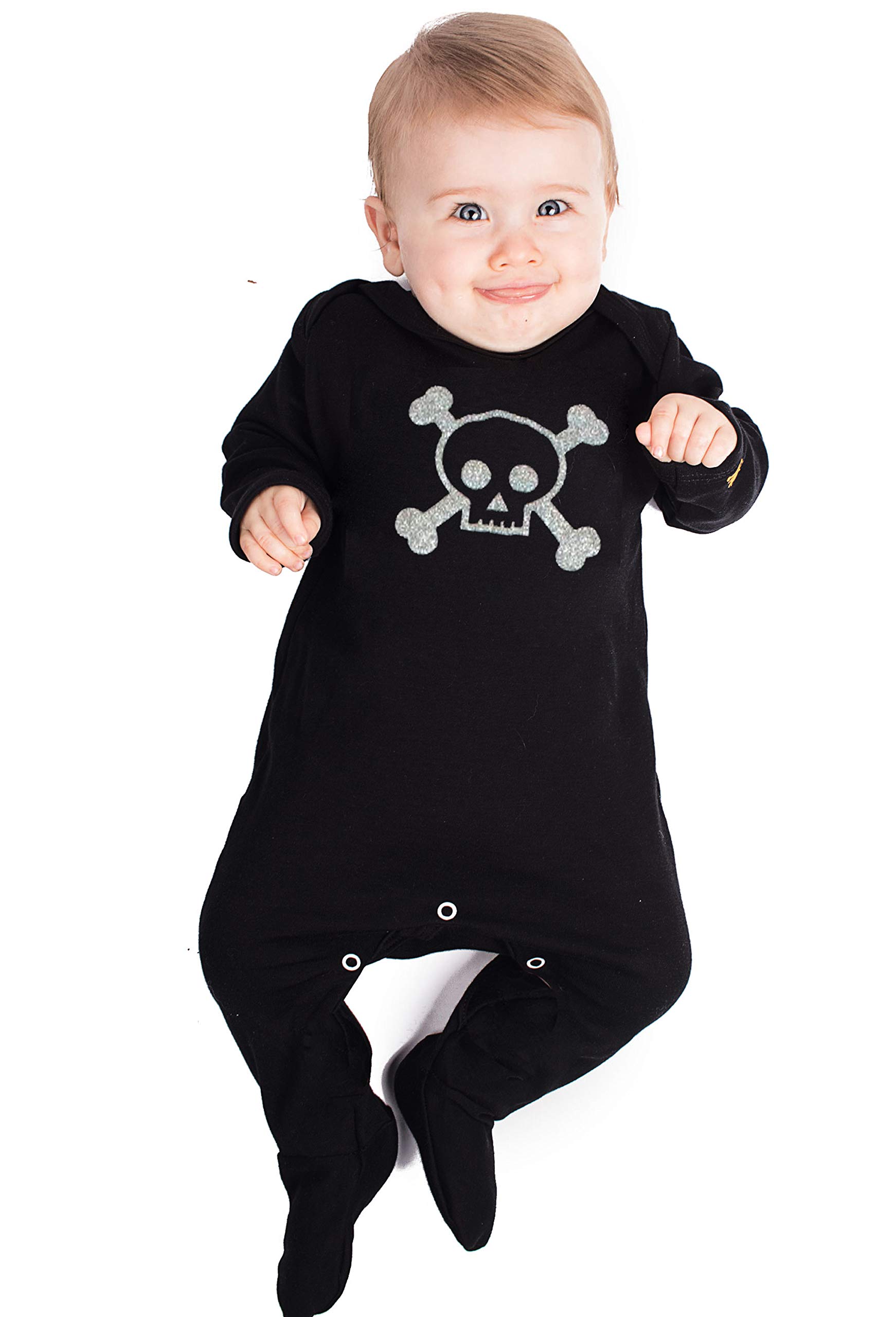Baby Moo's Skull Baby Sleepsuit for Boys or Girls - Cool Skull & Crossbones Pirate Romper Outfit - New Parents, Goth Baby Clothes, Halloween Outfit UK (0-3 Months) Black
