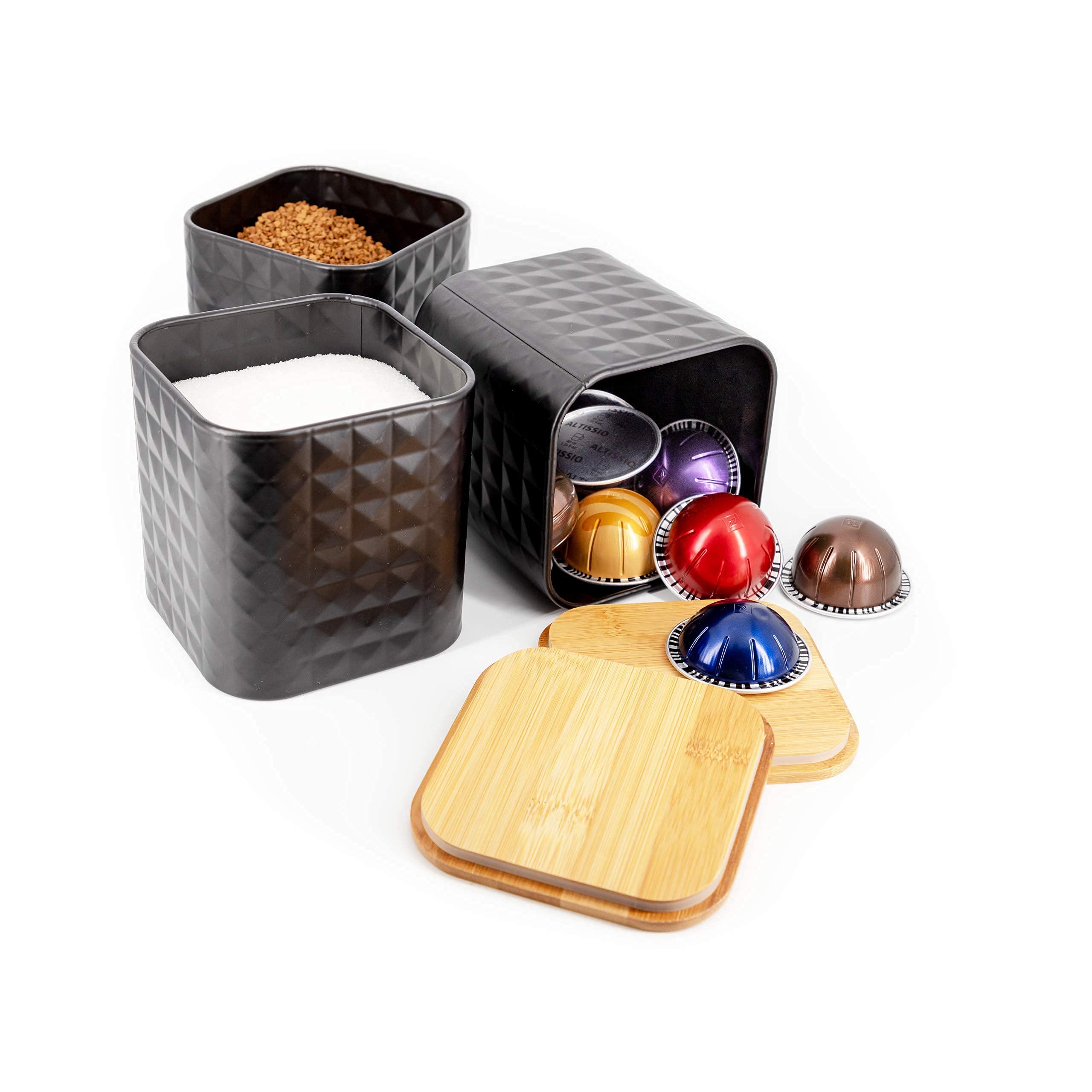 Tea Coffee Sugar Set – Black Tea Coffee Sugar Sets with Airtight Bamboo Lids – Versatile Kitchen Canister Set – Practical Canisters Sets for the Kitchen – Uses – Coffee Jar – Biscuit Jar – Sugar Jar