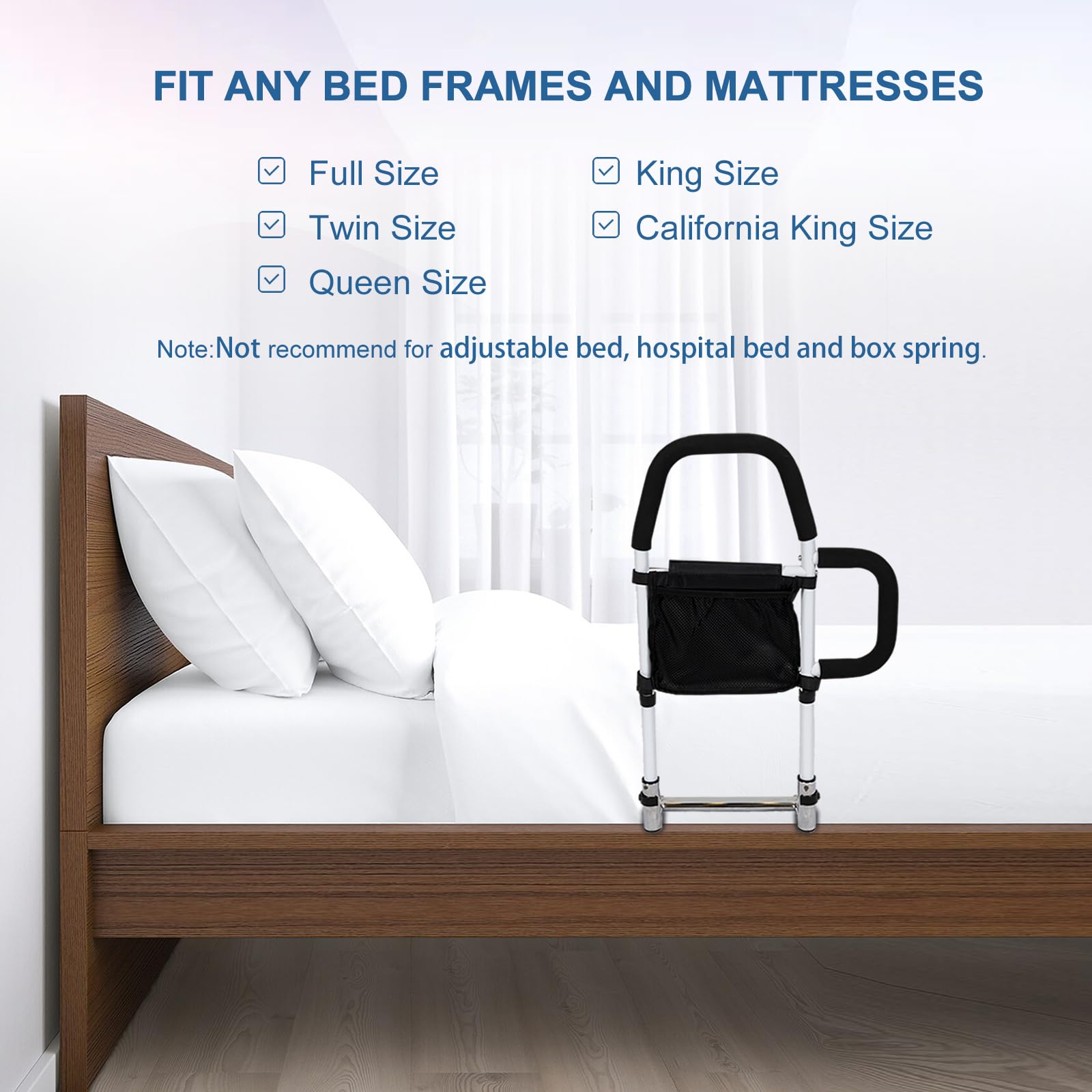 HEPO Bed Rails for Elderly Adults Safety with Storage Pocket, Assist Rail with Dual Grab Bars for Easily Getting in & Out of Bed, Bed Rail Fits King, Queen, Full, Twin Bed,Support Up to 300lbs