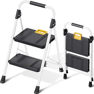KINGRACK 2 Step Folding Ladder Safety Lock Non-Skid Pedals White