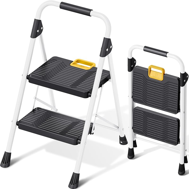 KINGRACK 2 Step Folding Ladder Safety Lock Non-Skid Pedals White