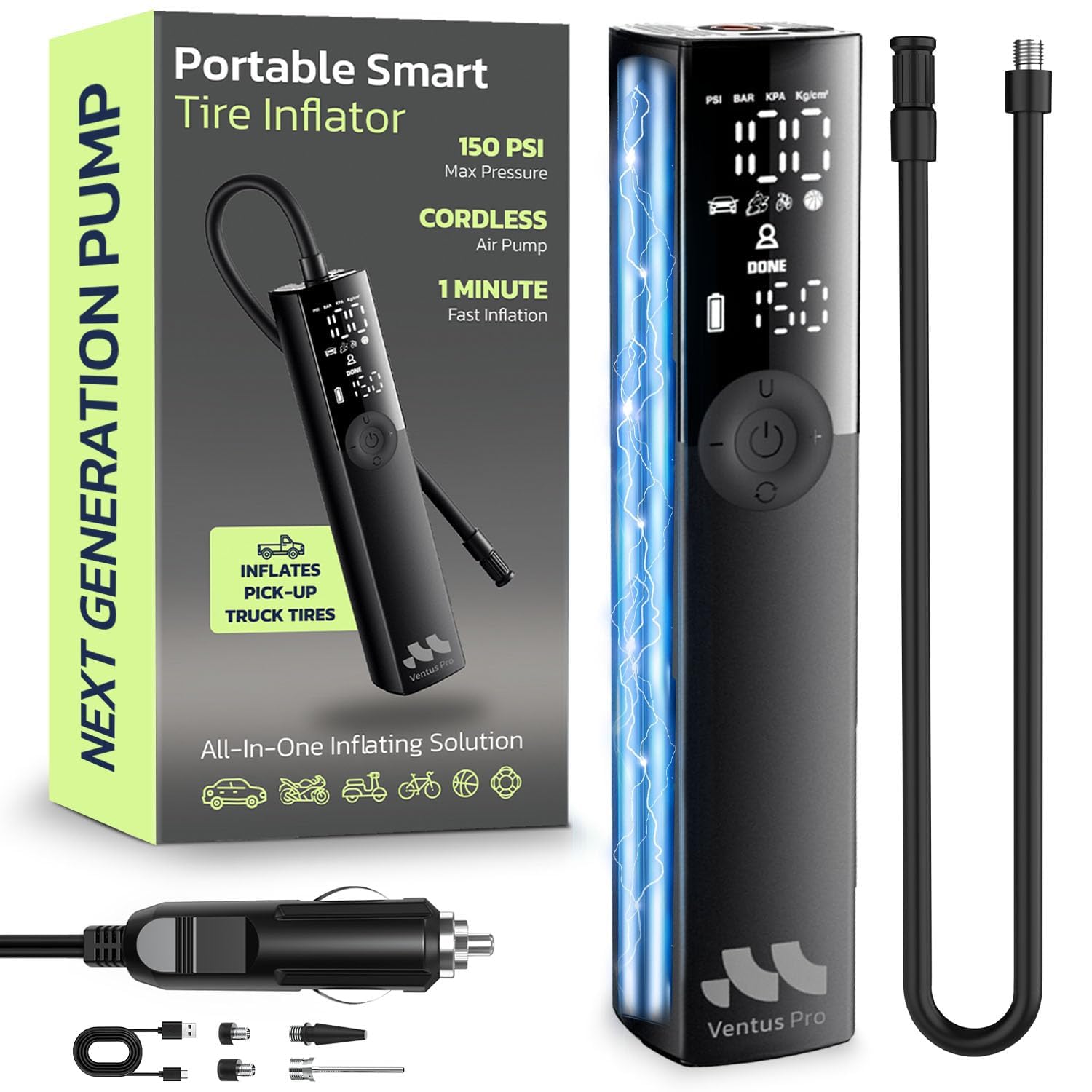 Woowind Premium Tire Inflator Portable Air Compressor, 3X Faster, 150PSI Air Pump for Car Tires, Tire Pump, with 12V DC Cord for Trucks & Off-Road Tires, Auto Shut-Off