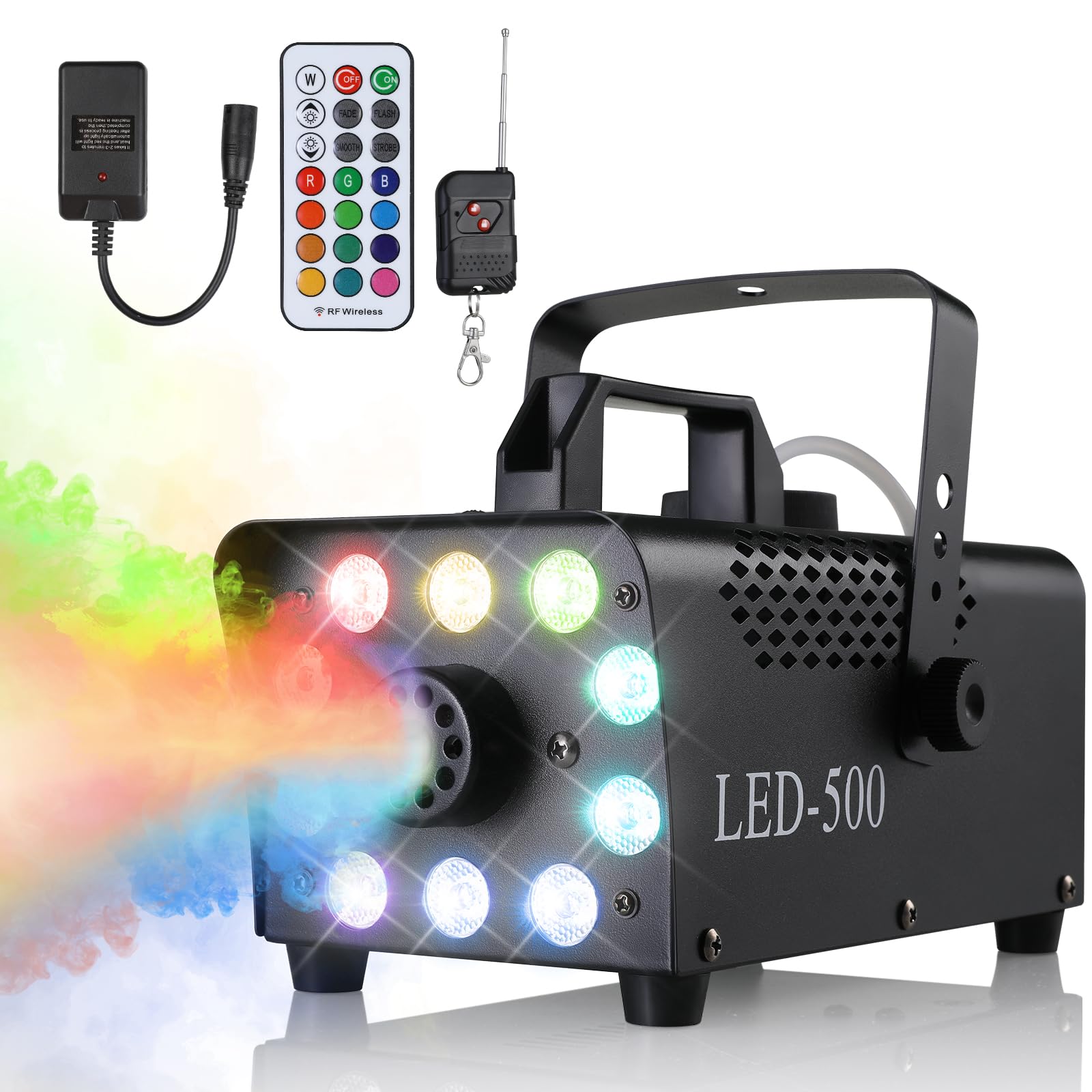 Fog Machine 500W Smoke Machine with 10 RGB LED & Wireless Remote Control, Suitable for Party, Disco Dj Effect, Christmas, Wedding, Stage Performances