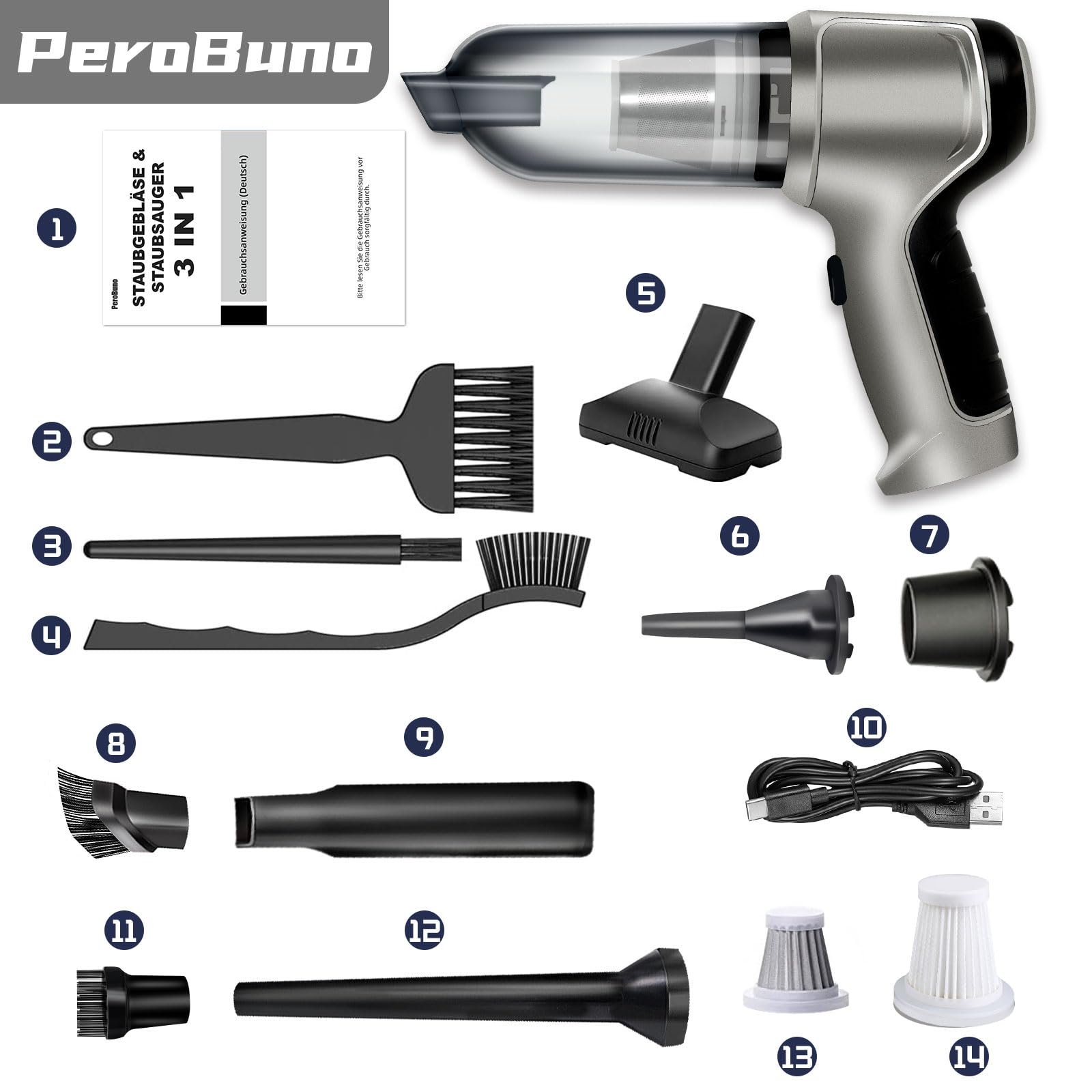 PeroBuno Mini Vacuum Cleaner for Car, 18KPa Powerful Brushless Motor Handheld Vacuum Cordless, Portable Car Vaccum with Rechargeable, Compressed Air Duster- Keyboard Cleaner 3-in-1
