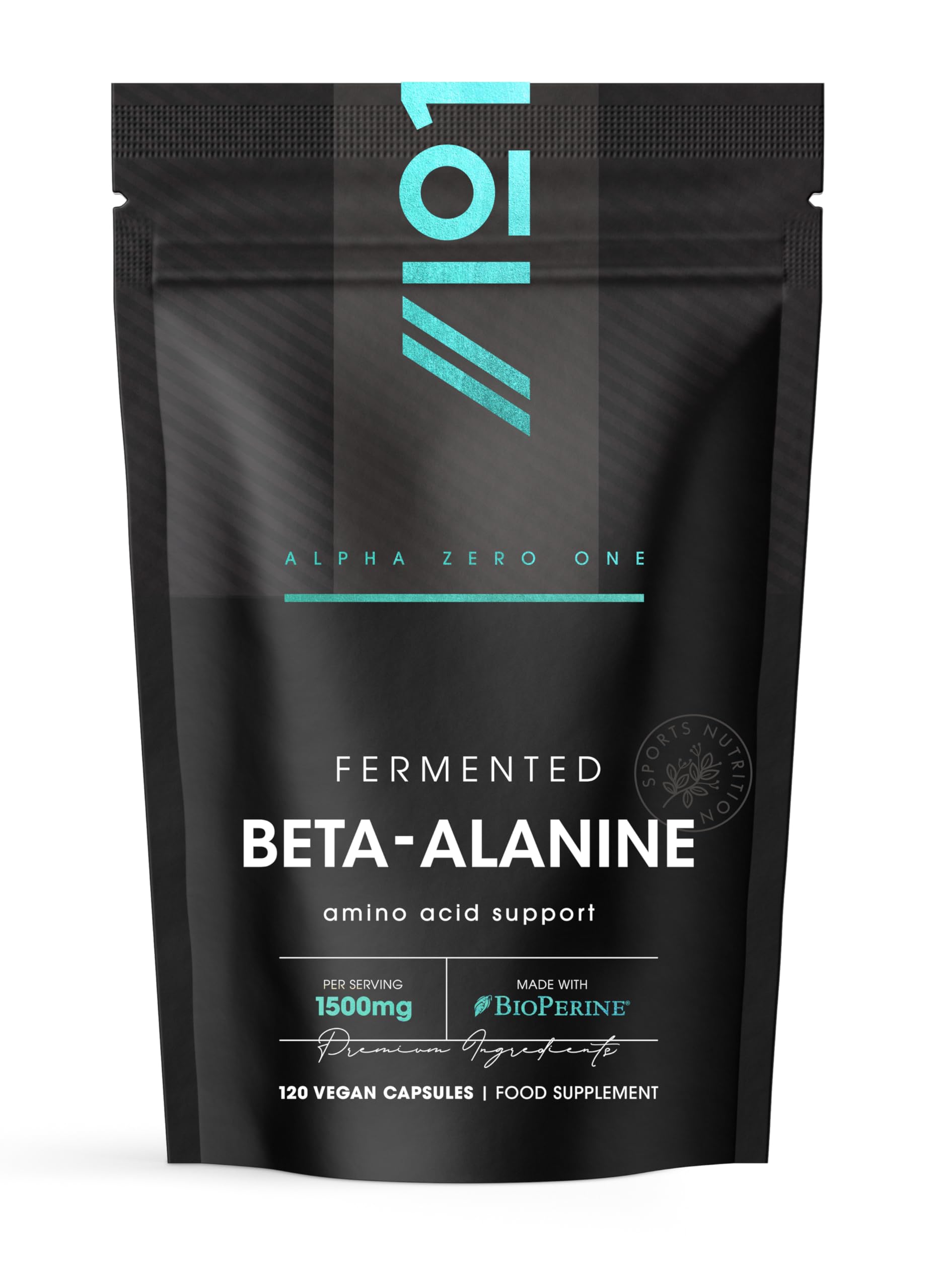 Fermented Beta-Alanine 1500mg – 120 Vegan Capsules – with BioPerine® for Enhanced Absorption – Resealable and Recyclable Pouch by Alpha01