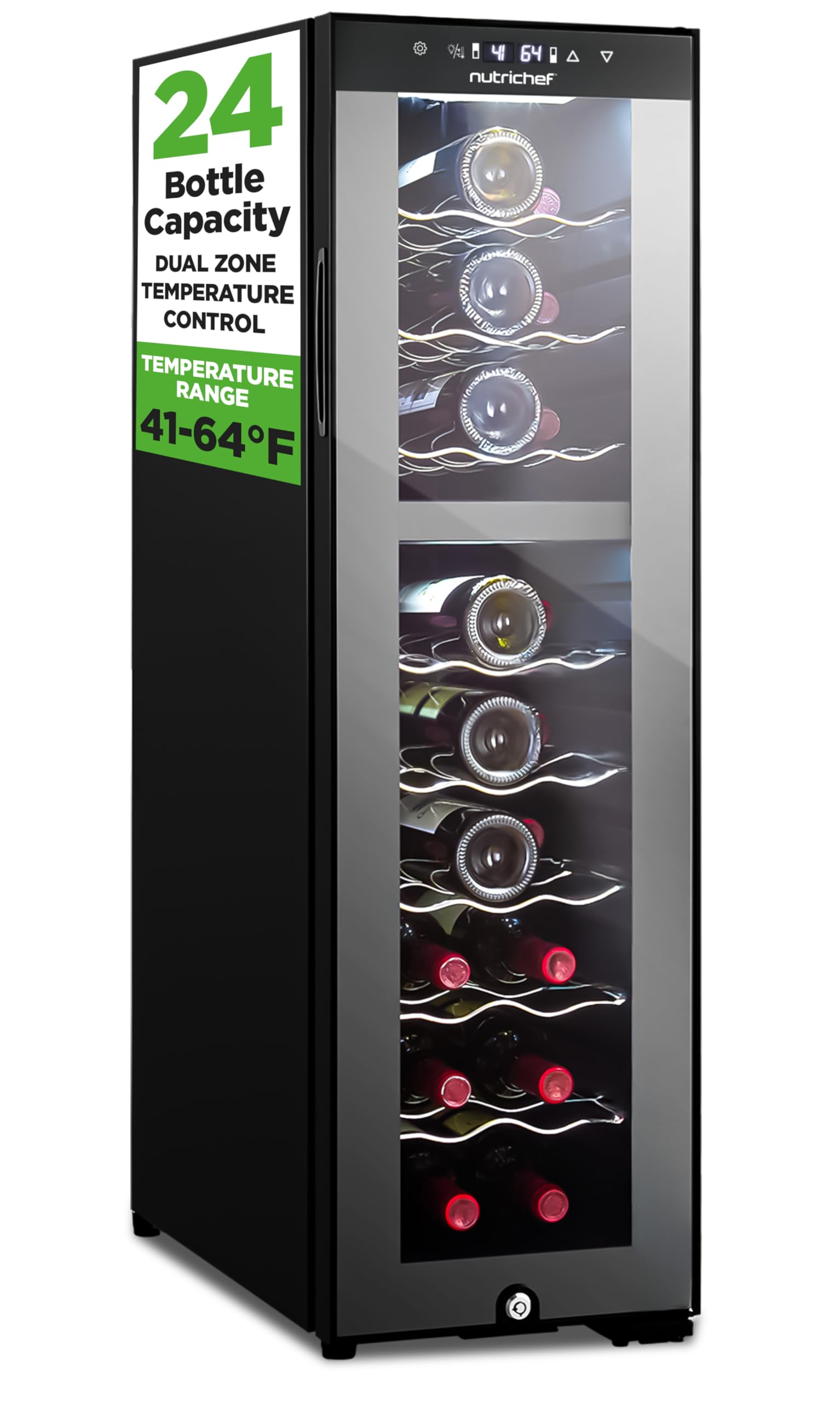 Photo 1 of NutriChef 24 Bottle Wine Fridge | Dual Zone Chiller | Adjustable Temperature 41°F to 64°F | Ultra Quiet Operation | Wine Cooler for Home, & Office | FreeStanding 39x11x23 in (Black)
