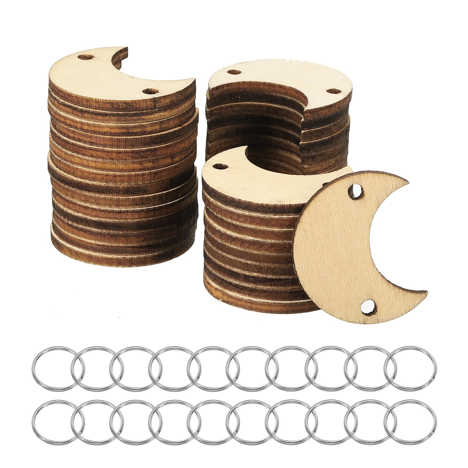 PATIKIL Wooden Moon, 200 Pack Unfinished Wood Moon with Holes Blank Wooden Cutouts Ornaments Natural Wood Pieces for Christmas Party Craft Projects