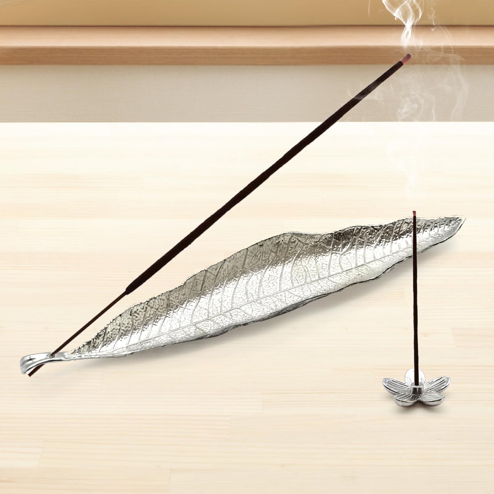 Incense Stick Holders Ash Catchers Sliver Alloy Leaf Incense Burner Plate with Flower Tray Small Size 8.6inch
