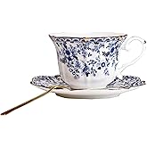 POWDONUNT Vintage Floral Porcelain Tea Cup and Saucer Set with Spoon, Gold Trim, 6.4 oz – Set of 1, Blue – Tea & Espresso & Coffee Cups (1, China Flower)