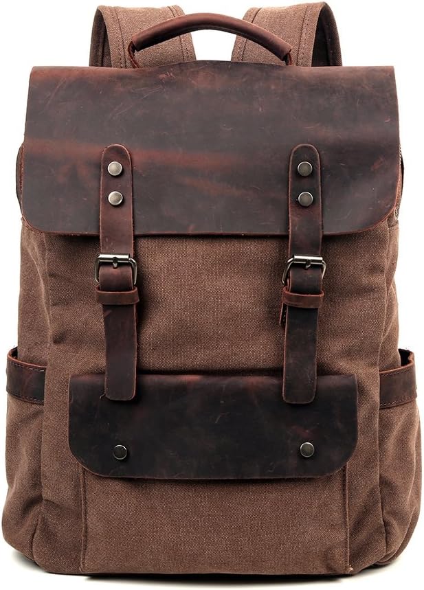 Travel Log Canvas City Backpack Genuine Leather 15.6" Laptop School Bag Travel Backpack (Brown)