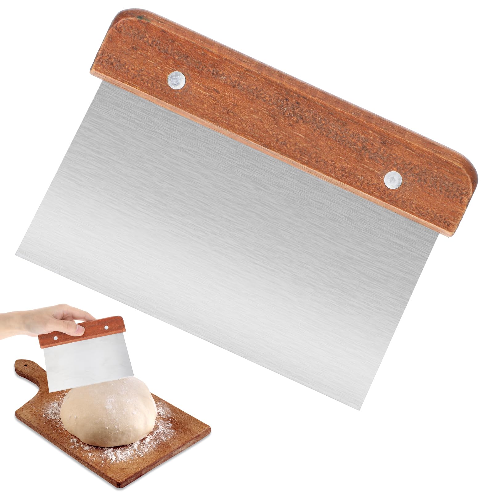Photo 1 of Bench Scraper Dough Cutter with Wood Grip Multipurpose Dough Scraper Stainless Steel Pastry Pizza Cutter Multifunctional Kitchen Tool for Baking Cooking Bread Pizza Cake, 1 Pcs