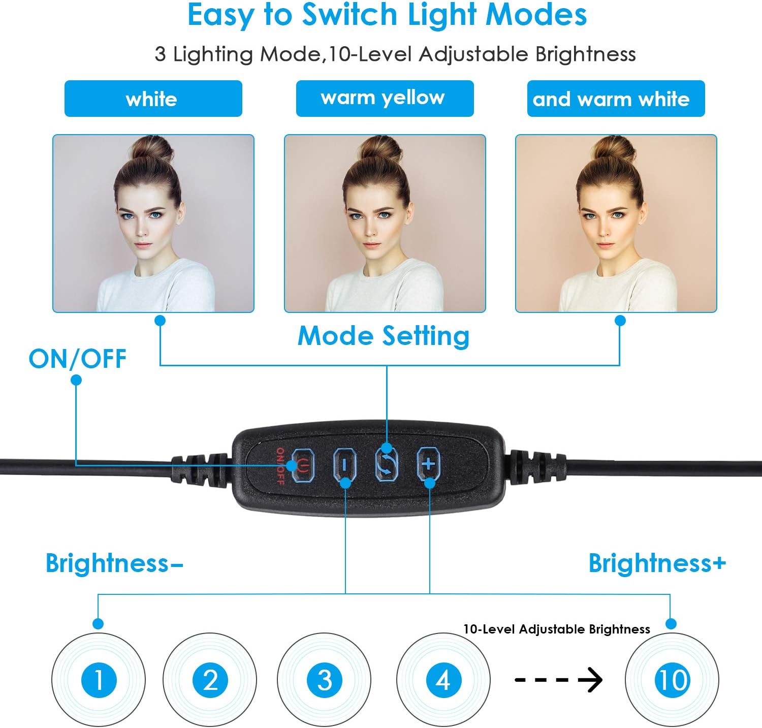 Ring Light 10" Selfie Light Ring with Adjustable Bracket (14.56'' to 65'') Remote Control 3 Modes & 10 Brightness 120 Bulbs Dimmable Desktop Ringlight for YouTube Video/Live Stream/Makeup/Photography : Camera & Photo