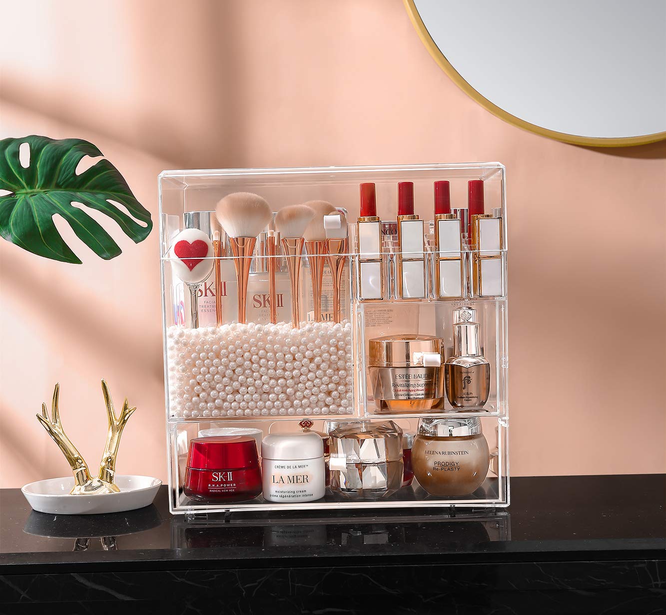 MOOCHI Clear Large Makeup Organizer Multifuncational Dust Free Water Proof Cosmetics Storage Drawers Display Case for Brushes Lipsticks Skin Care Jewelry - Pearls Not Included: Beauty
