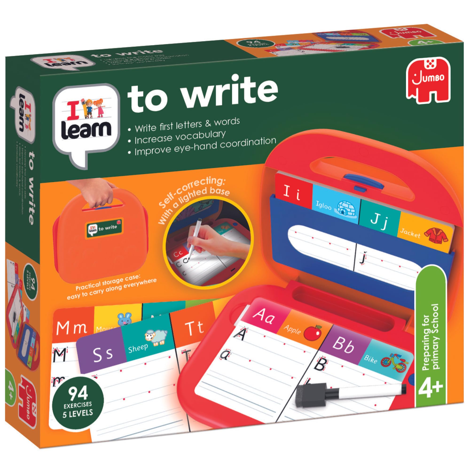 Jumbo - I Learn to Write – Learning & Writing Games for Kids - Improves Dexterity, Hand Eye Coordination, Vocabulary & Fine Motor Skills - 94 Exercises, 5 Levels & Carry Case - Age 4 Years Plus