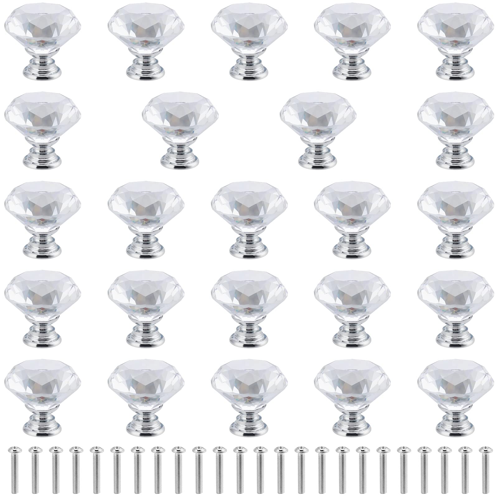 JEUIHAU 24 Pack Crystal Knobs, 30mm Clear Drawer Knobs with 24 Screws, Crystal Glass Door Knobs Door Handles Diamond Pulls for Cupboard Cabinet Dresser Drawer