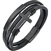 YL Cross Viking Celtic Bracelet, Mens Masonic/Owl/Beaded/Tiger Eyes/Cuban Chain/Ankh/Compass/Letter Stainless Steel Black/Brown Leather Jewelry Gifts Women