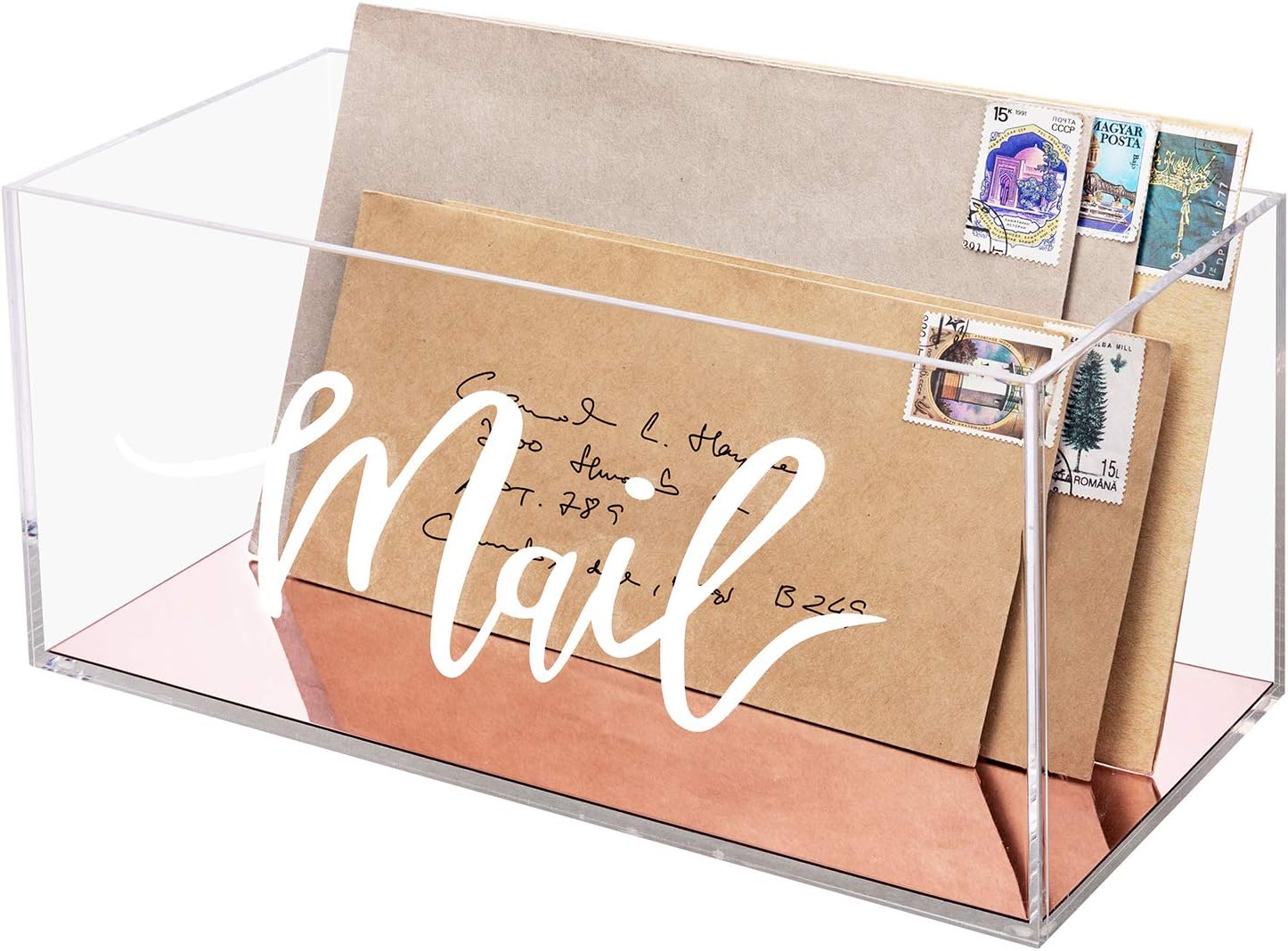 MyGift Home Office Clear Acrylic Tabletop Mail Sorter Storage Holder Box with Rose Gold Mirror Base : Office Products