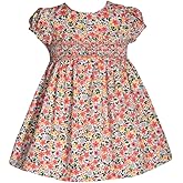 Bonnie Jean Girl's Spring Easter Dress - Floral Coral and Green Smocked Dress for Baby and 2T-6x