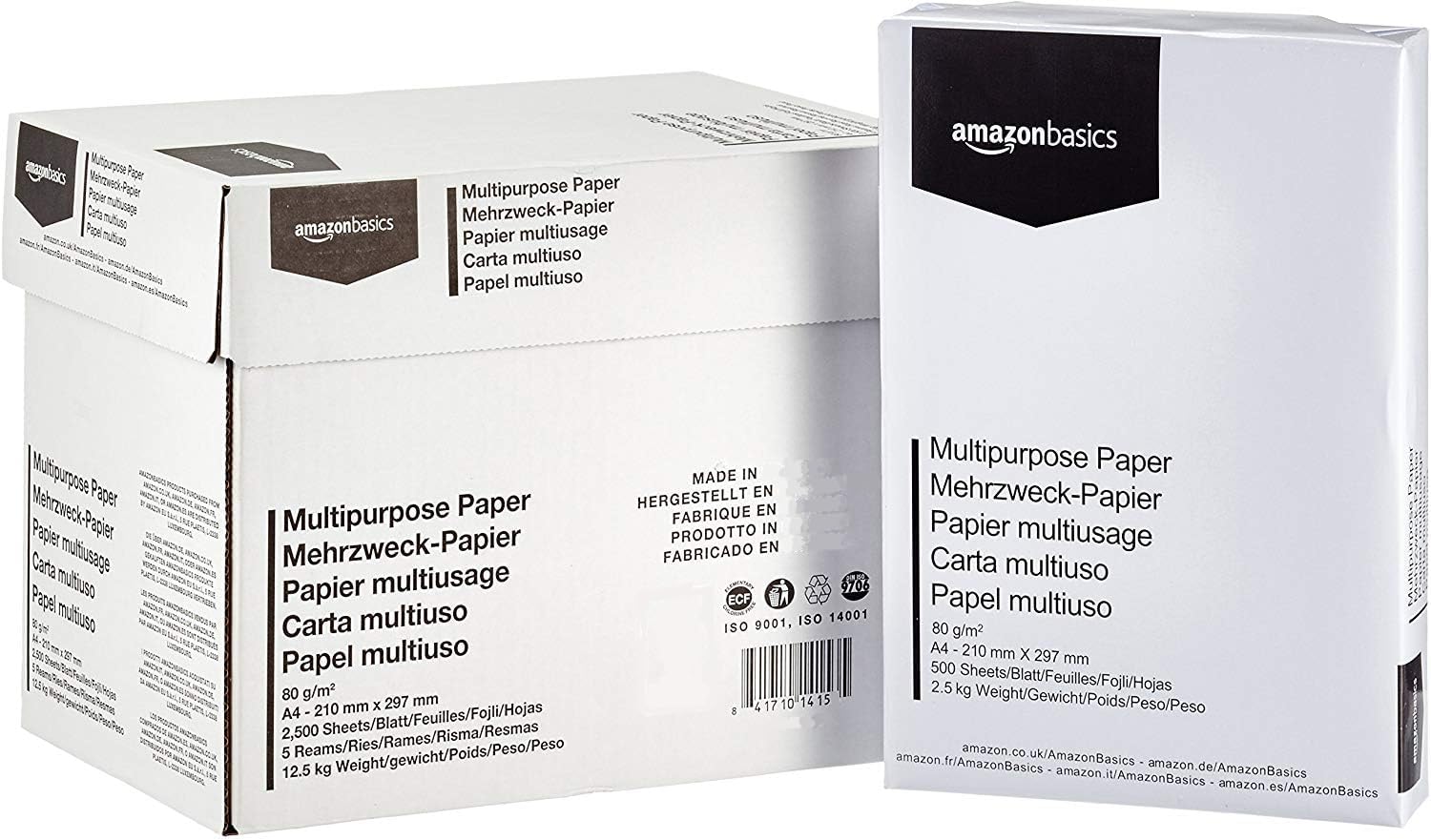Amazon Basics Druckerpapier, DIN A4, 80 g/m², 2500 Stück, 5 Packungen mit 500, Weiß