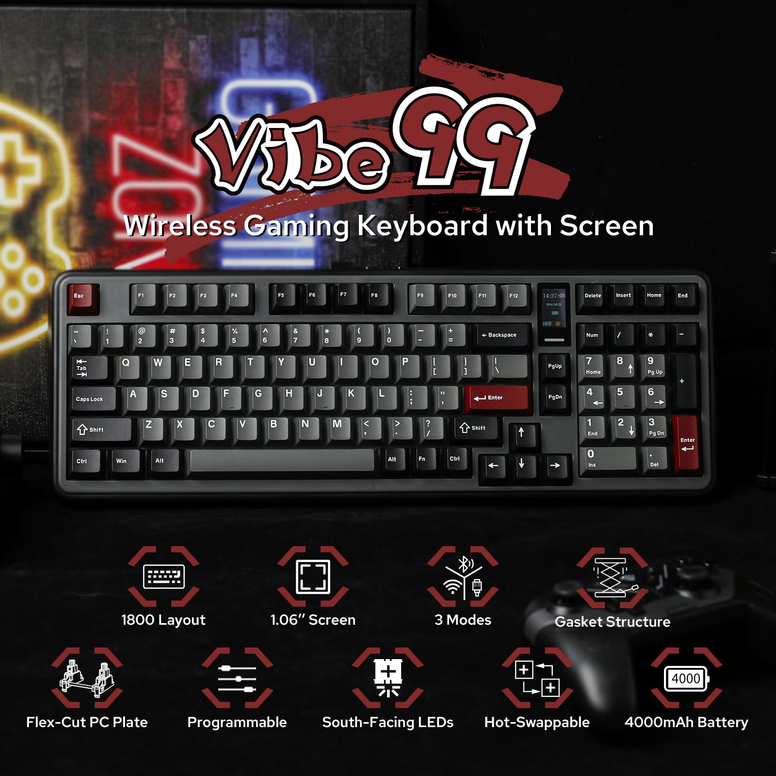 MechLands Vibe99 Wireless Gaming Keyboard with 1.06'' Screen, 96% Hot Swappable Creamy Mechanical Keyboard with Gasket Structure, BT5.0/2.4GHz/USB-C, 5-Layer Padding, RGB, NKRO for Win/Mac (Black)