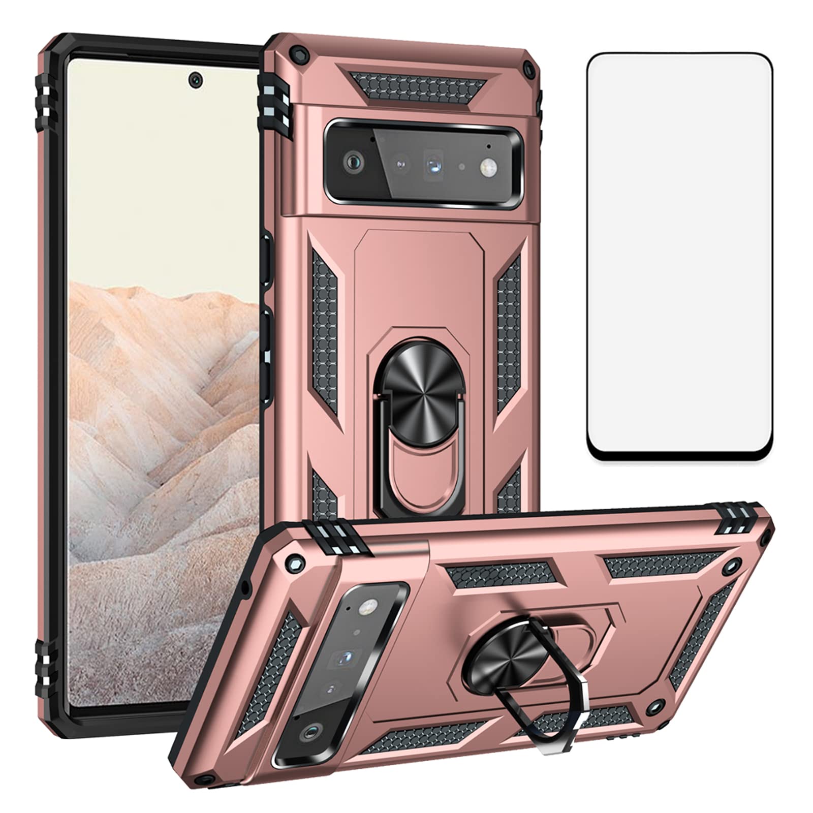 Phone Case for Google Pixel 6 Pro with Tempered Glass Screen Protector Cover and Stand Ring Holder Hard Shockproof Magnetic Heavy Duty Pixel6Pro Pixel6 XL 6XL Pixle 6Pro 5G Women Men Girly Rose Gold