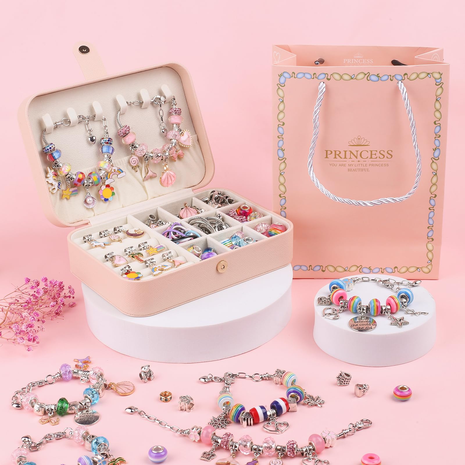 UFU Charm Bracelet Making Kit -120Pcs DIY Jewelry Making Kit, Mermaid Gifts for Girls Toys Crafts for Teen Girls Ages 5 6 7 8-12, with Portable Bracelet Organizer Box