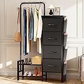 LZNIOZ Dresser with Hanging Rack - 4 Drawers & 4 Side Bags, Fabric Chest of Drawers with with Bottom Shelves, 52" Tall Clothes Rack for Women/Kids Bedroom & Living Room - Black