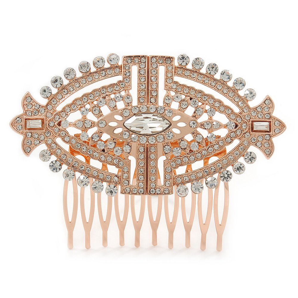 Bridal/Wedding/Prom/Party Art Deco Style Rose Gold Tone Austrian Crystal Hair Comb - 85mm W