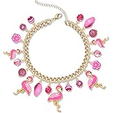HSWE Pink Flamingo Charm Bangle Bracelet Funny Animal Tropical Bird Pearl Beads Link Chain Friendship Bracelet Hawaii Summer Beach Vacation Jewelry