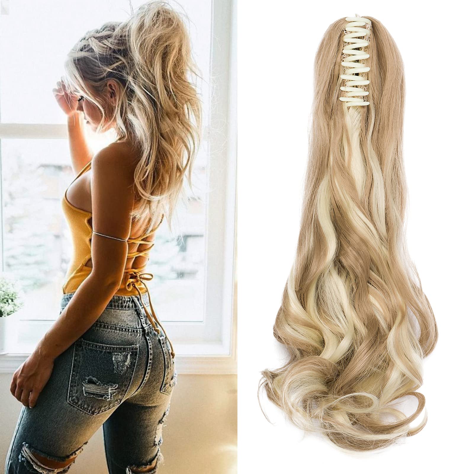 Cybelleza 18" Ponytail Extension Curly Clip in Ponytail Hair Extensions Cute Long Claw Pony Tail One Piece Synthetic Hairpiece for Women Beauty, Sandy Blonde & Bleach Blonde