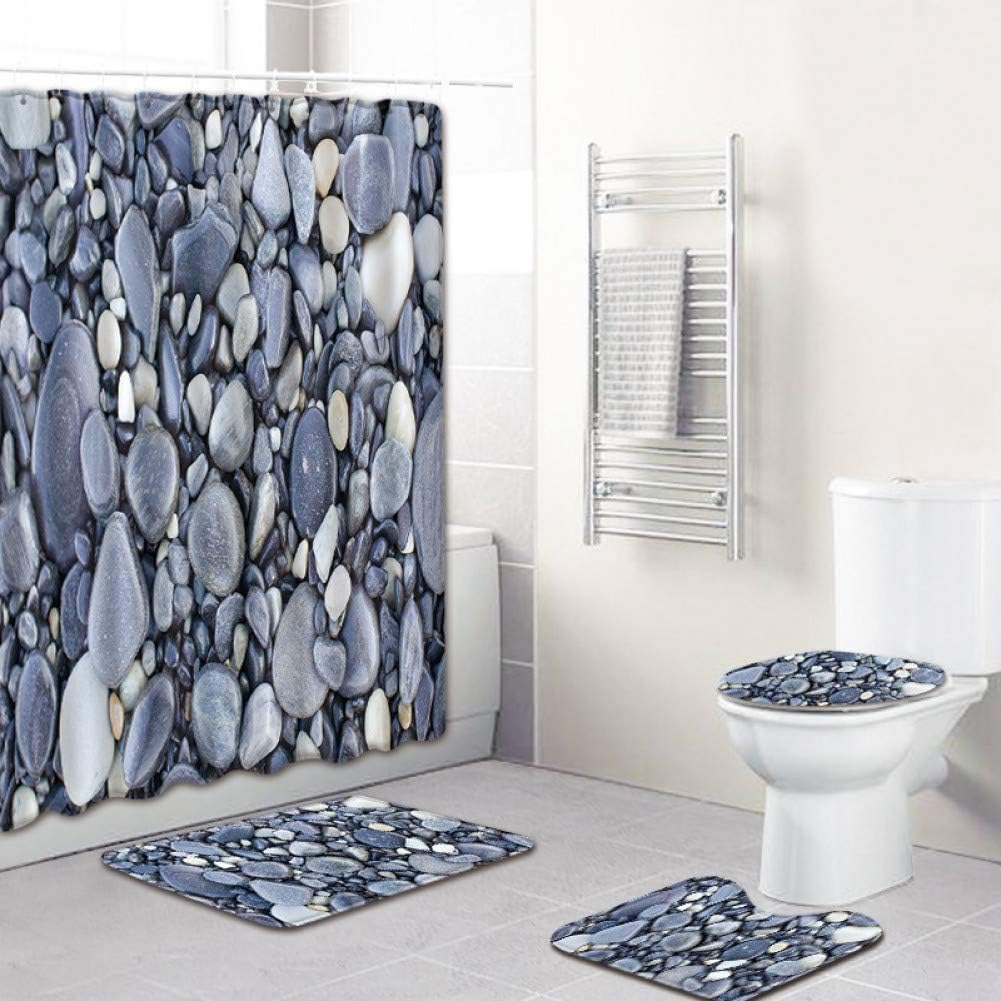 WWZEMLK Three-piece toilet Stone Pattern 4 Piece Shower Curtain for Bathroom Carpet 3D Bath Mat Set Anti Slip Toilet Rug Set Fleece Seat Cvoer Blanket