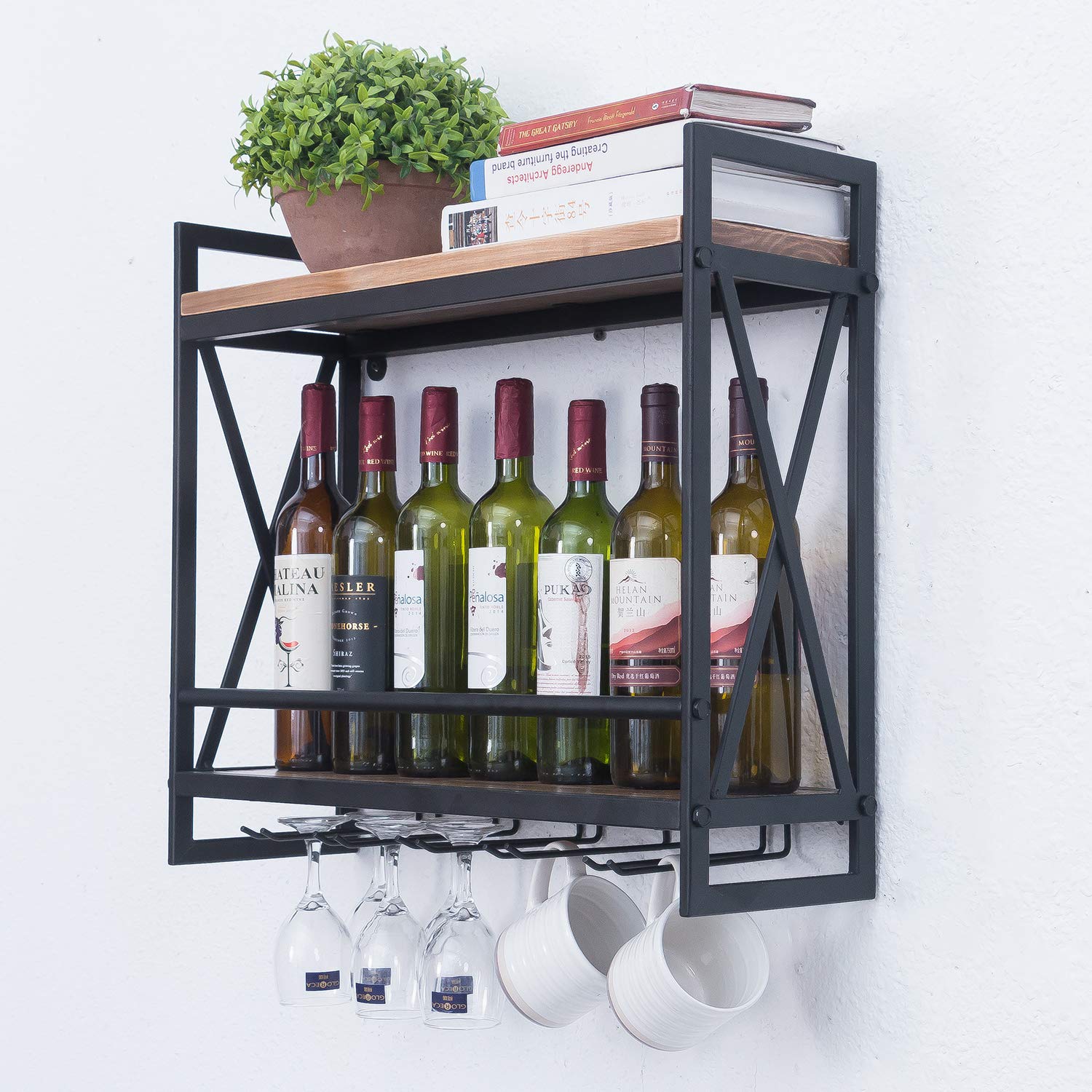 Rustic Wall Mounted Wine Racks with 5 Stem Glass Holder,23.6in Industrial Metal Hanging Wine Rack,2-Tiers Wood Shelf Floating Shelves,Home Room Living Room Kitchen Decor Display Rack