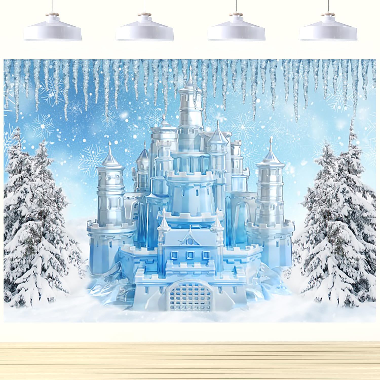 Photo 1 of deFouliao 10x8ft Winter Wonderland Backdrop Frozen Ice Snowflake Photography Background for Girls Birthday Christmas Crystal Castle Portrait Party Decorations for Kids Photo Studio Props