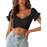 LYANER Women's Ruffle Short Sleeve Tie Up Back Crop Top Off Shoulder Bardot Blouse