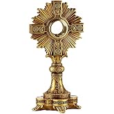 CBC Group Brass Monstrance with Removable Luna, 14" Tall, Adoration | Antique Gold Finish, Decorative Base, Eucharist, Catholic