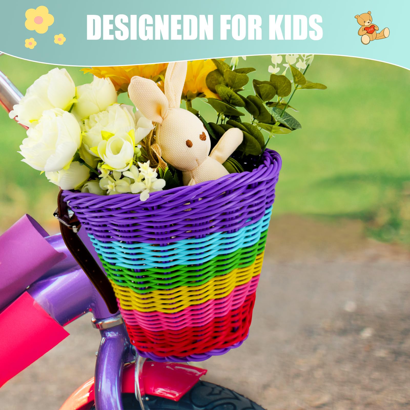 Gify Kids Bike Basket Front, Handwoven Wicker Rainbow Bicycle Basket for Girls, Colorful Large-Capacity Toddler Bike Accessory with 2 Adjustable Leather Straps for Scooters and Tricycles - Purple