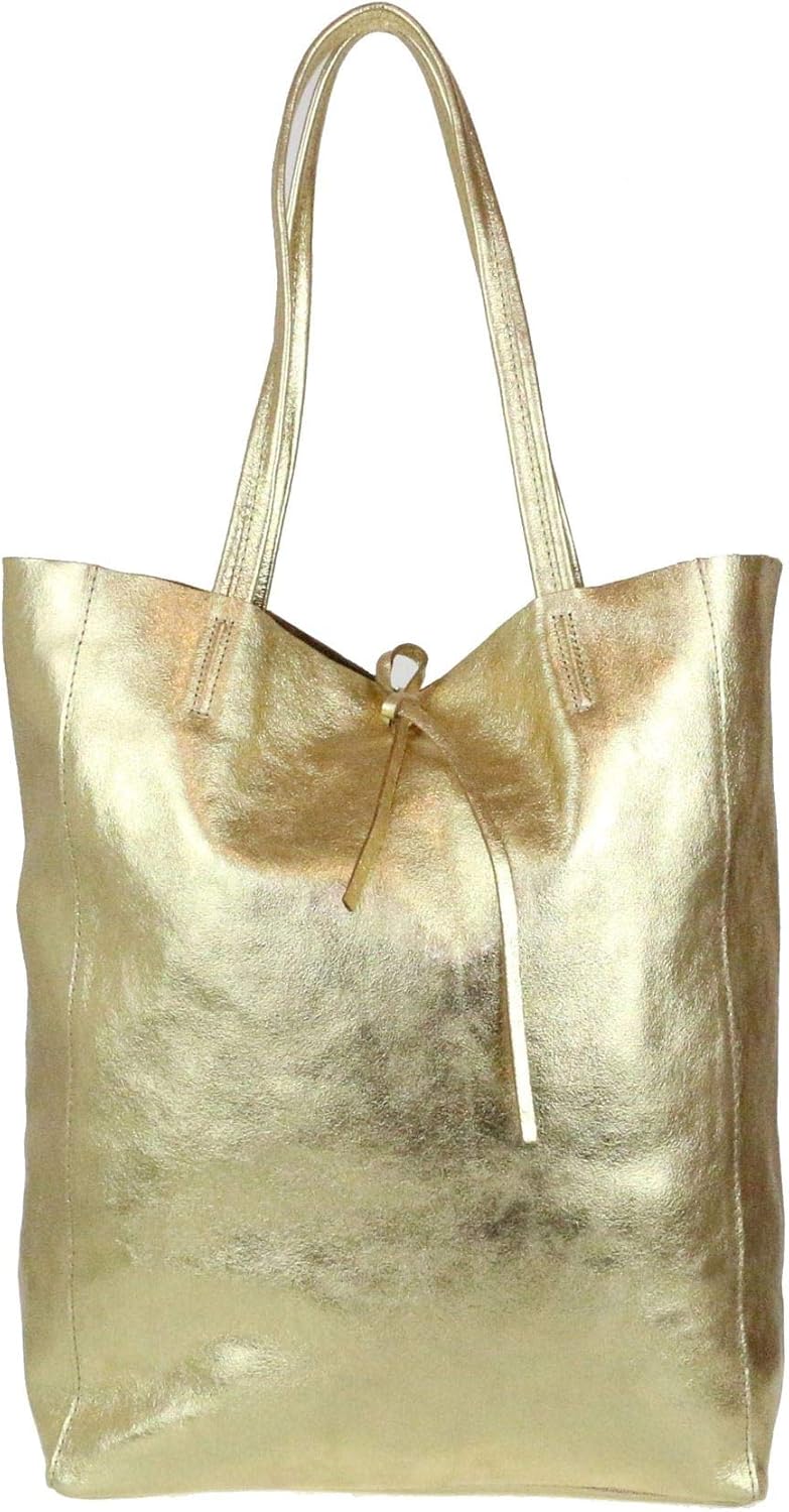 Girly Handbags Womens Open Top Genuine Leather Handbag - Metallic Gold