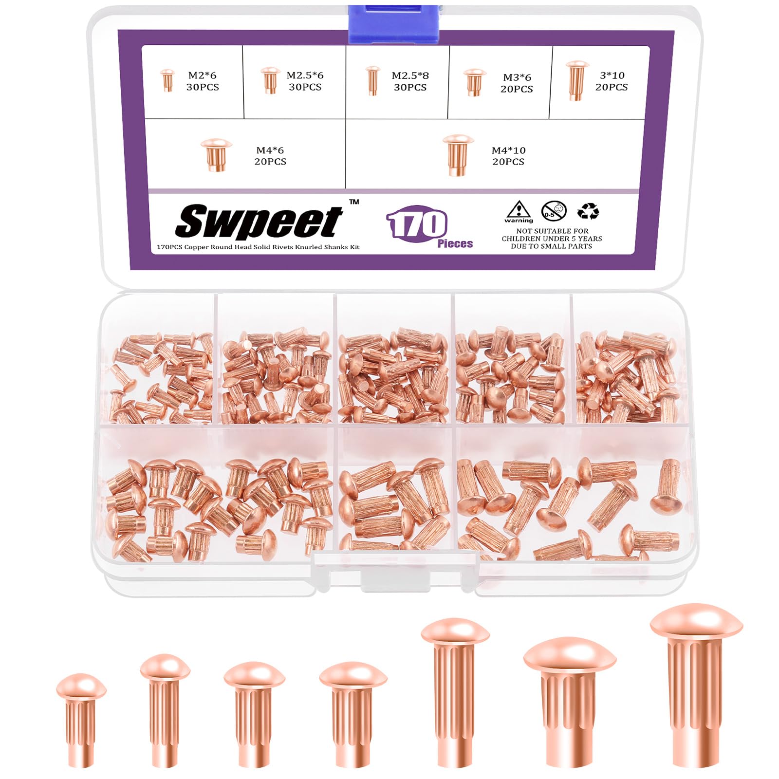 Swpeet 170Pcs M2 M2.5 M3 M4 ×6mm 8mm 10mm Red Copper Solid Knurled Rivets Assortment Kit, Half Round Solid Knurled Rivets for Repairing Boats, Aircraft, Making Armor and Electrical Applications