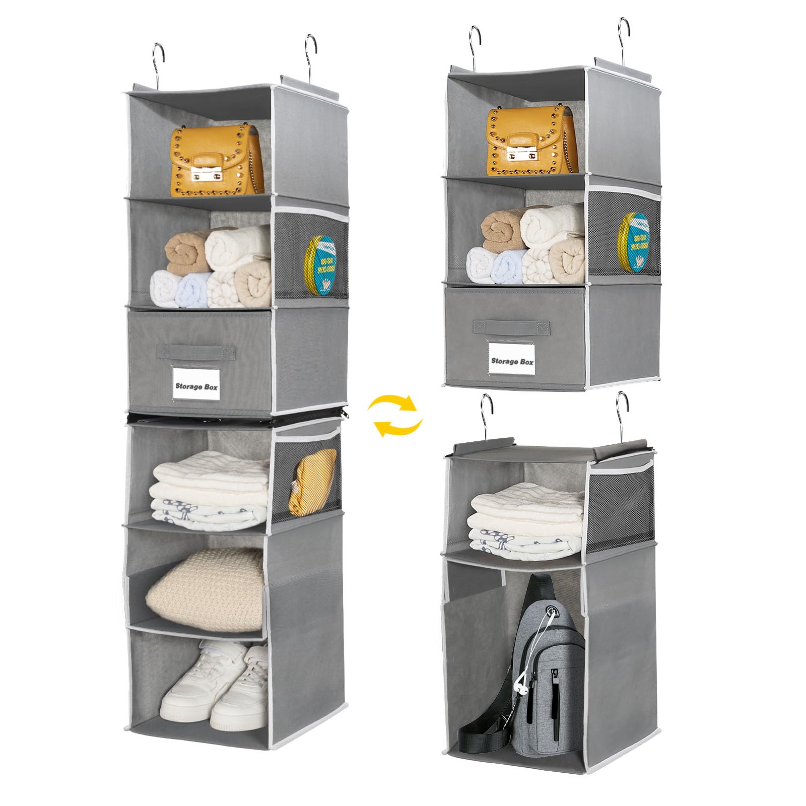 BrilliantJo Hanging Wardrobe Organiser 6 Shelves with 1 Removable Drawers Flexible 1 Split into 2(2X3 shelf) Closet Storage, hanging Shelves Unit with 4 Pockets for Clothes - Grey(12x 12 x 43.3 inch)