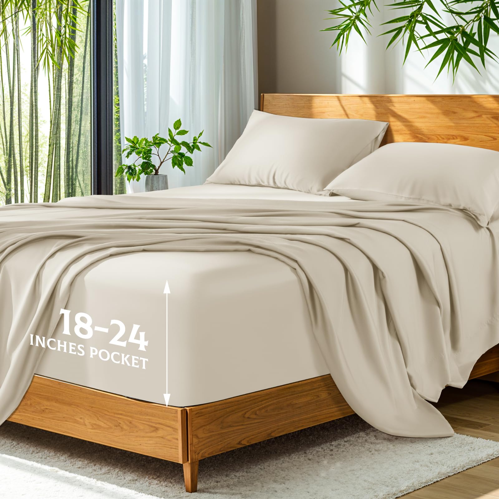 Photo 1 of SONORO KATE 100% Viscose Derived from Bamboo_, Extra Deep Pocket up to 18"-24",Ultra Soft & Cooling Sheets for Hot Sleepers, Hotel Luxury Silky Bed Sheets (Beige,Queen)