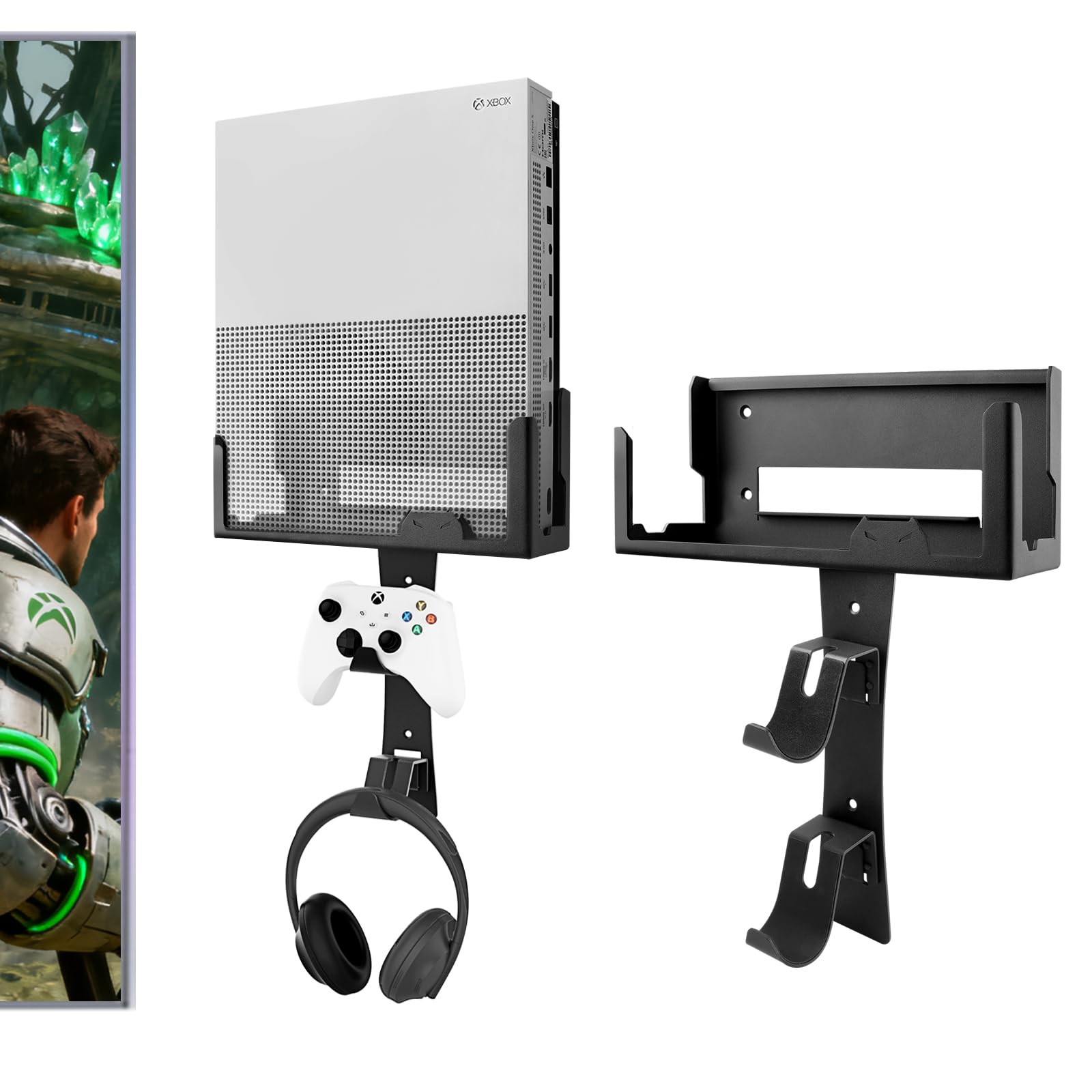 BracNova Wall Mount for Xbox One S with 2 Detachable Controller Holder and 1 Headphone Hook,Metal Stand for Xbox One S Accessories(Mounts Xbox 1S by TV)